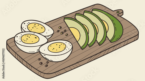 Healthy keto diet food avocado and eggs on wooden cutting board ketogenic nutrition meal plan breakfast