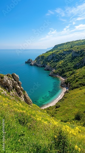 Scenic Coastal View of Serene Beach with Turquoise Waters and Lush Green Cliffs