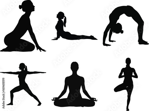 Yoga pose silhouette vector set with women in various meditation, stretching, and balance positions for fitness and health
