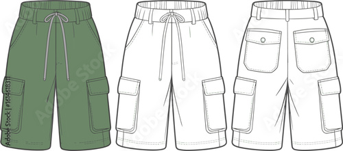 CAD drawing flat vector illustration of men's cargo shorts with drawstring waist, side flap pockets, front view, back view