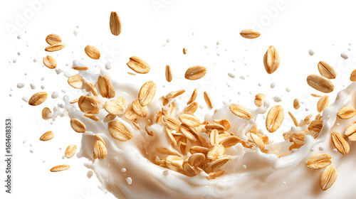 Oats splashing into milk creating a dynamic food motion abstract isolated on transparent background