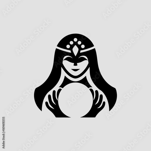 Black graphic illustration of a fortune teller with crystal ball woman