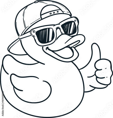 Vintage hand drawn sketch of rubber duck thumb up wear glasses and hat