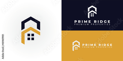 A modern geometric emblem for real estate development subtly forms the letters PR within a house silhouette, representing solid foundations and forward-thinking design.