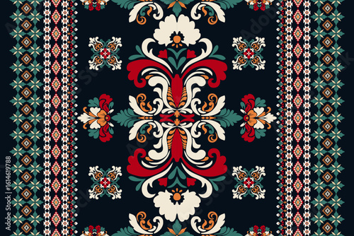 Seamless red with white and green floral damask shape with geometric ethnic tradition pattern texture on natural dark navy blue background