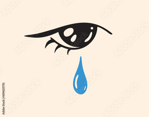 crying eye with tear hand drawn rerto 70s style poster art. sadness crying eye icon isolated, beautiful female eye and blue tear