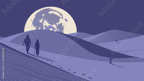 Desert landscape with moon and travelers vector art illustration sand dunes night scene adventure journey design