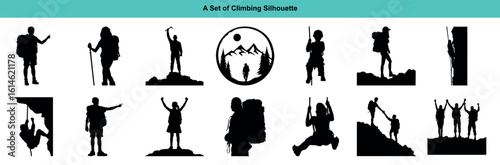 Black silhouette figures depict various mountaineering actions like hiking and rock climbing, shown on white
