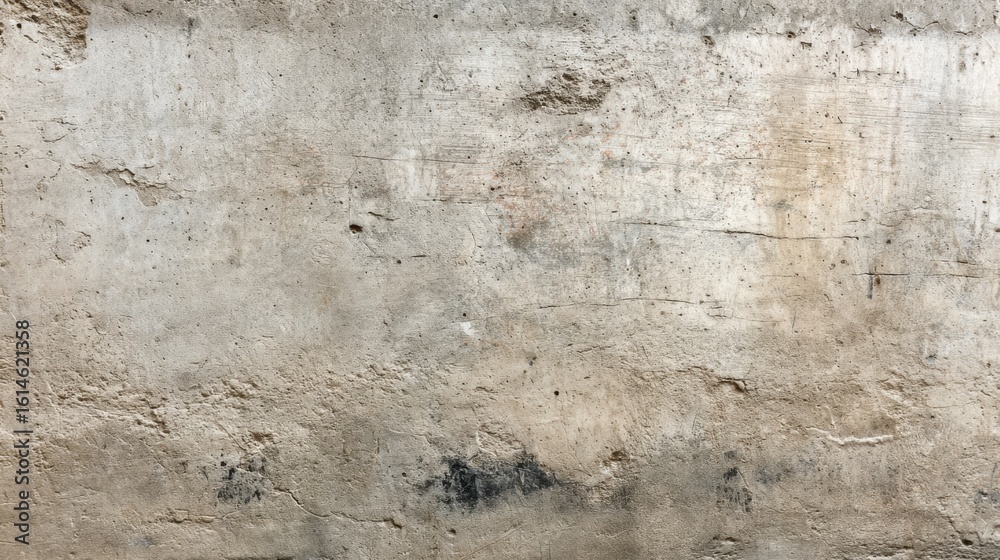 Obraz premium A weathered concrete wall displays various textures and marks, highlighting its age and history. Natural light enhances the rough surface, revealing different shades and patterns.