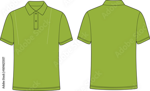 cad drawing flat vector illustration, polo shirt front and back view, green short sleeve, men’s casual wear, fashion template