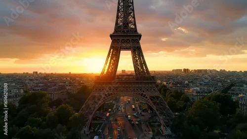 Eiffel Tower sunset aerial Parisian traffic below, cityscape background, travel imagery