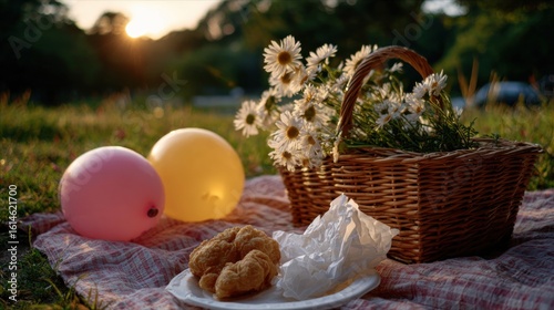 Picnic celebration with flowers and treats park food image grassland close-up outdoor relaxation