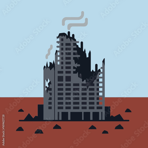 Illustration of a destroyed building with smoke against a blue and brown background.