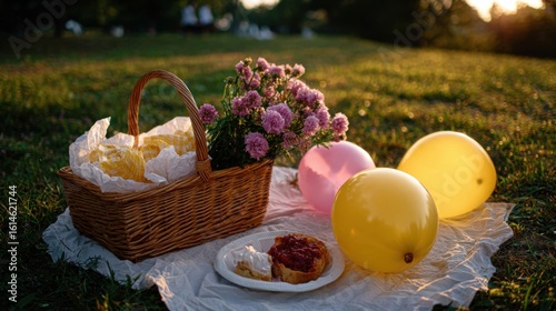 Picnic gathering with balloons and flowers in a lush park outdoor celebration evening light