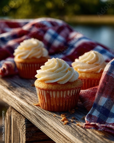 Delicious cupcakes on rustic wood outdoor setting food photography natural light dessert concept
