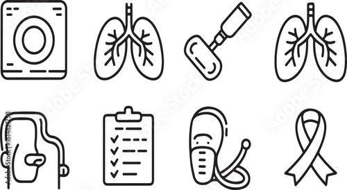 Hand-Drawn Icons for Lung Cancer Diagnosis and Care CT Scan Machine, Lung Biopsy Tool, Oxygen Mask, Treatment Plan, and Support Ribbon