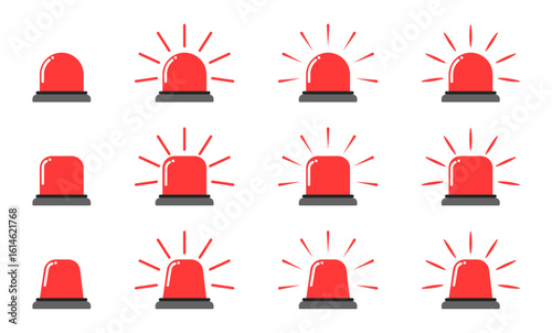 Set of Emergency siren. Warning light sign. Alert device, flashing light on police car, fire truck, ambulance. Alarm light. Rescue flashing red light. Siren vector symbols
