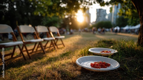 Sunset food arrangement urban park outdoor gathering evening atmosphere ground level community vibes