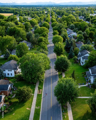 Bicyclist riding through tree-lined residential street suburban area aerial view vibrant green environment