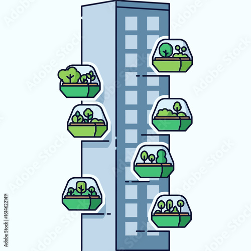 Building with green pods or capsules attached to its side illustration concept.