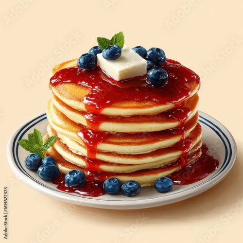 Delicious pancakes topped with blueberries and syrup kitchen food photography cozy setting close-up breakfast delight