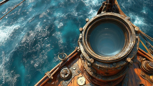 Nautical spyglass on a wooden ship's deck over churning ocean