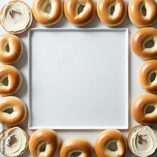 Fresh Bagels and Cream Cheese Frame a Square White Space for Text, Top-Down View