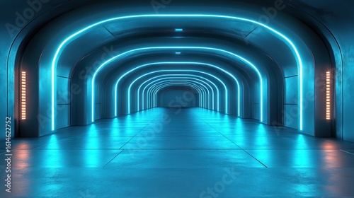 Neon arch tunnel, blue light, futuristic