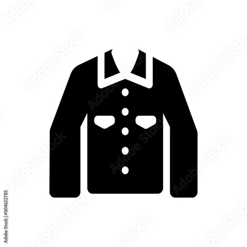 Illustration of a black long sleeved button down shirt with collar and pockets on a white background
