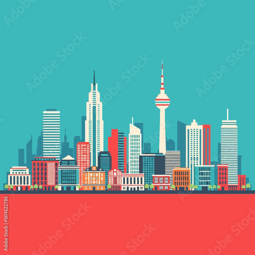 Colorful flat vector illustration of a generic city skyline against a teal background.