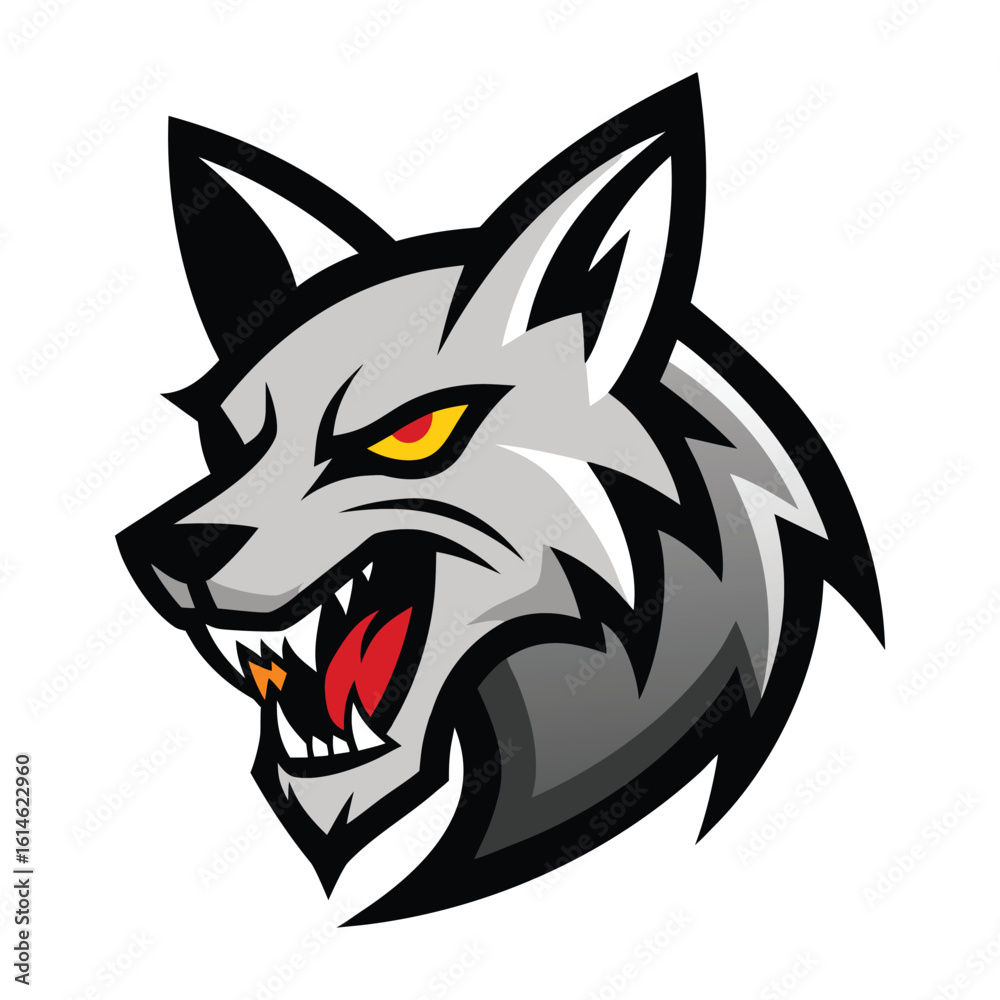 Obraz premium Aggressive gray wolf head mascot with fierce expression and sharp teeth