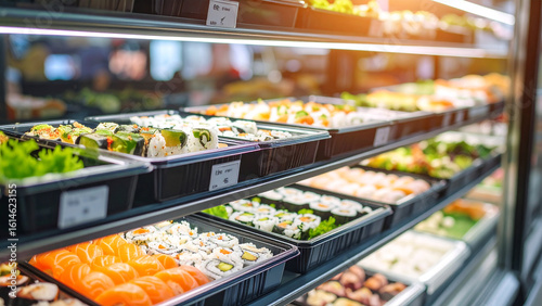 Assortment of Japanese sushi rolls and fresh salads on display in a supermarket refrigerator. Healthy grab-and-go takeaway food concept.