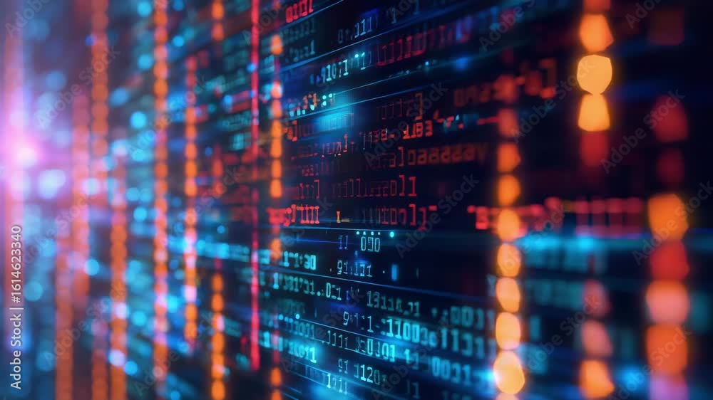 Dark blue cyber light abstract technology background for computer graphic website internet and business video. Infographics. Digital transformation concept. Binary code and arrow symbols.