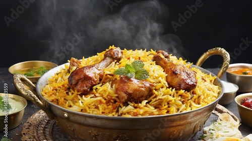 Aromatic Spiced Chicken Biryani with Saffron Rice 향긋한 향신료와 사프란 밥을 곁들인 치킨 비리야니
(hyang-geutan hyangsinryowa sapuran babeul gyeotdeurin chikin biriyani)