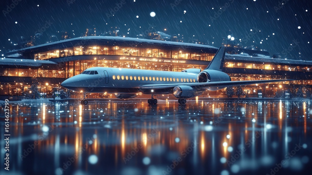 Obraz premium Night airport, jet, rain, snow