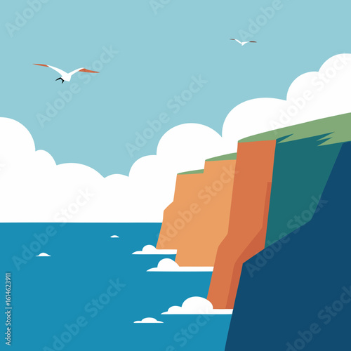 Seagulls flying over colorful cliffs by the ocean