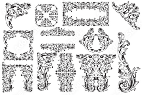 Decorative design set featuring flourish borders, corner elements, and frames, ideal for invitations, menus, and page embellishments. Perfect for enhancing layouts with elegant vector details.