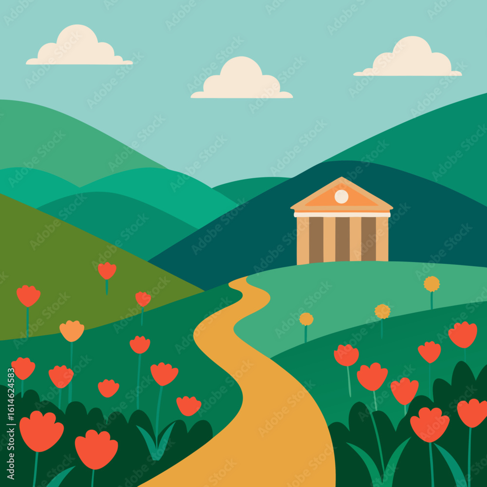 Fototapeta premium Idyllic landscape with a classical building and blooming flowers