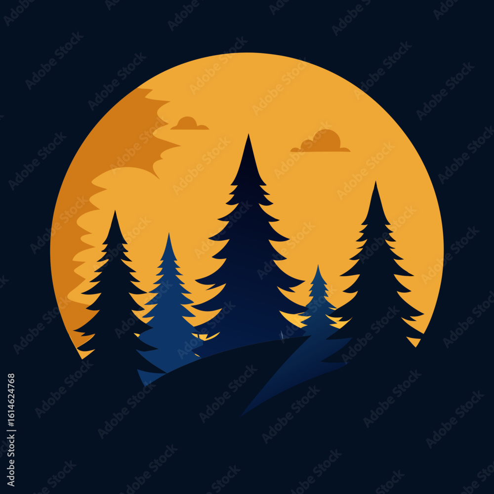 Obraz premium Stylized pine forest under a large orange moon