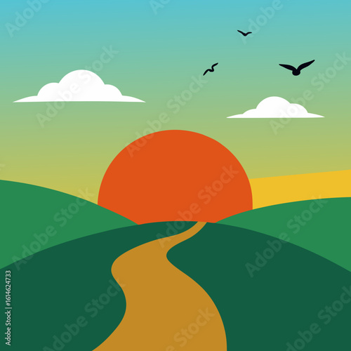 Serene sunrise over rolling hills with winding path