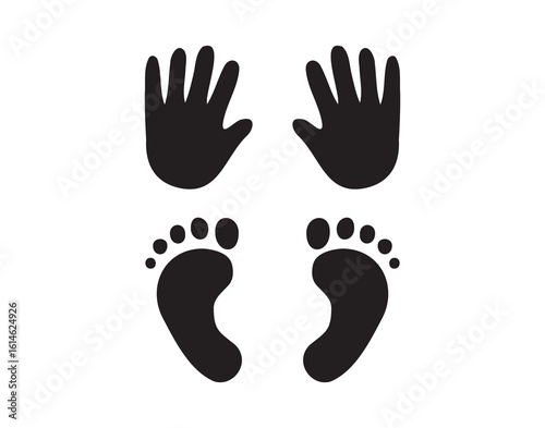 Baby foot prints and hand prints. Small cute black silhouettes. 