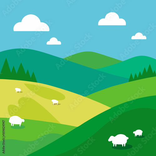 Fluffy sheep grazing on rolling green hills under a blue sky