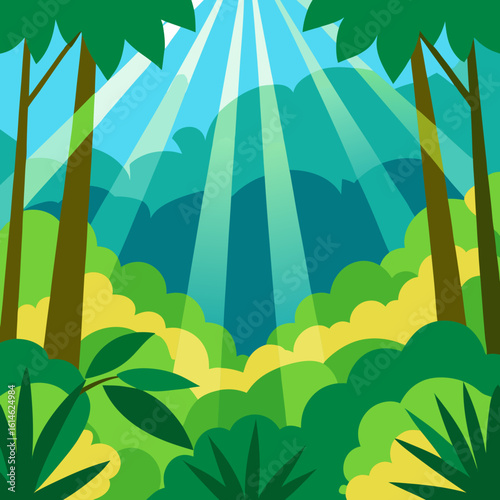 Sunbeams pierce through lush green forest canopy