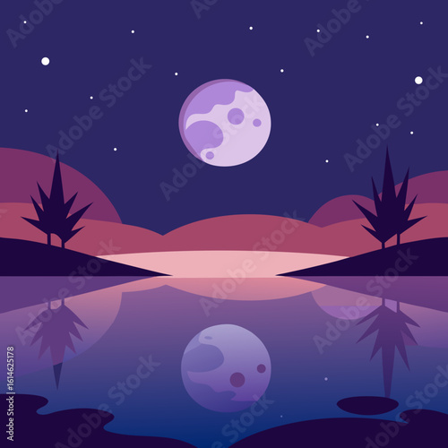 Serene night landscape with moon reflection on water