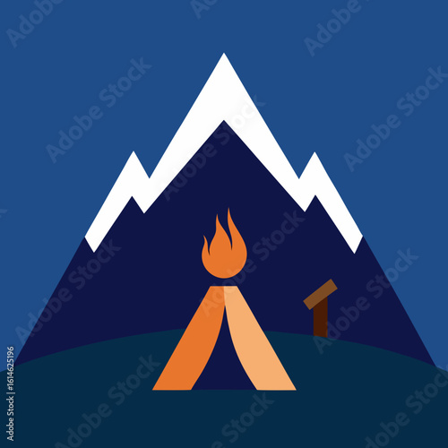 Mountain camping scene with campfire and tent under a starry sky