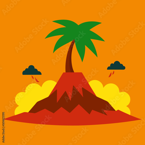 Volcano island with palm tree and storm clouds