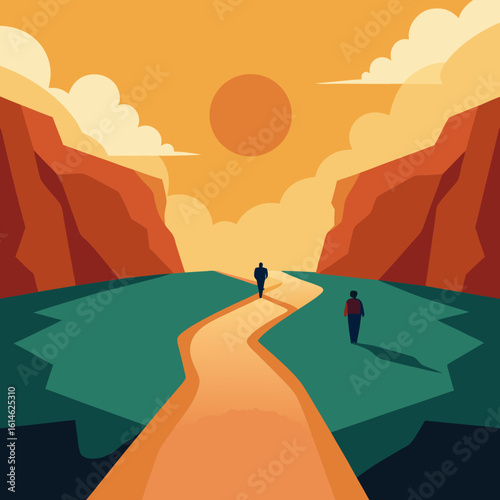 Two figures walk on a winding path towards a setting sun