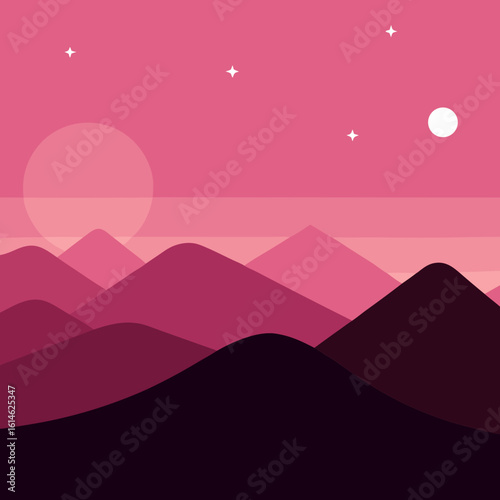 Pink mountain landscape with moon and stars
