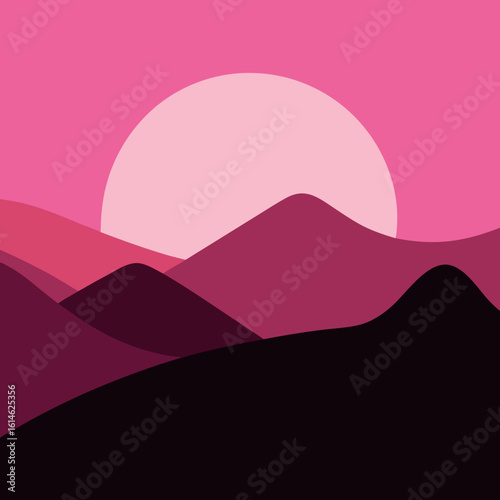 Pink mountain landscape with a large sun behind the peaks
