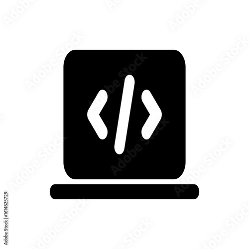 Black laptop displaying code symbols representing software development and programming interface icon style